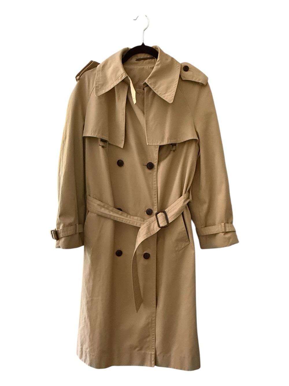 Vintage Etienne Aigner Trench Coat Tan Belted Leather Trim 1970s